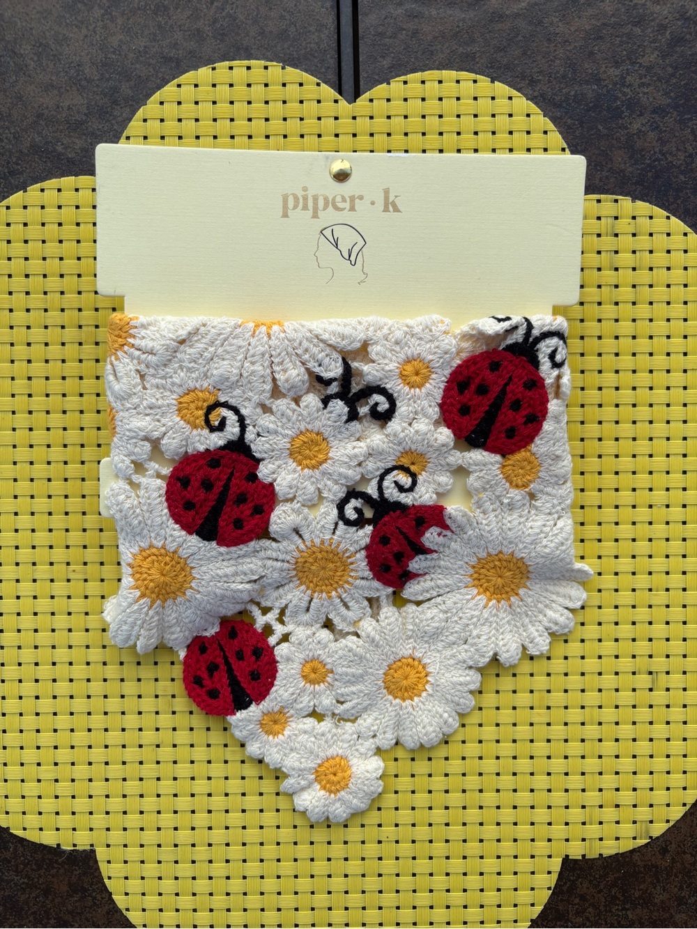 Piper-K Crochet Daisy & Ladybug Hair Scarf- White, Red & Yellow